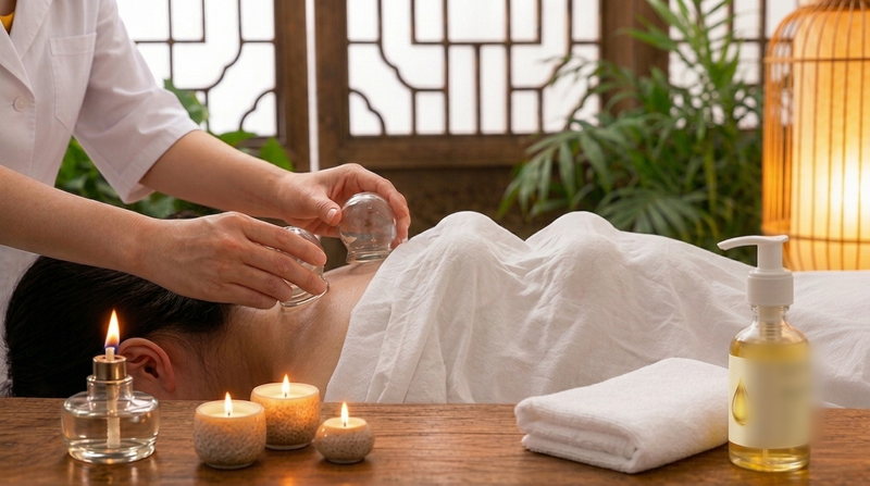 Illustration: glass cups being placed on a shoulder during cupping