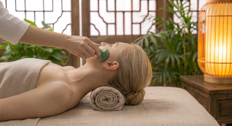 Illustration: a jade Gua Sha tool drawn along the cheek