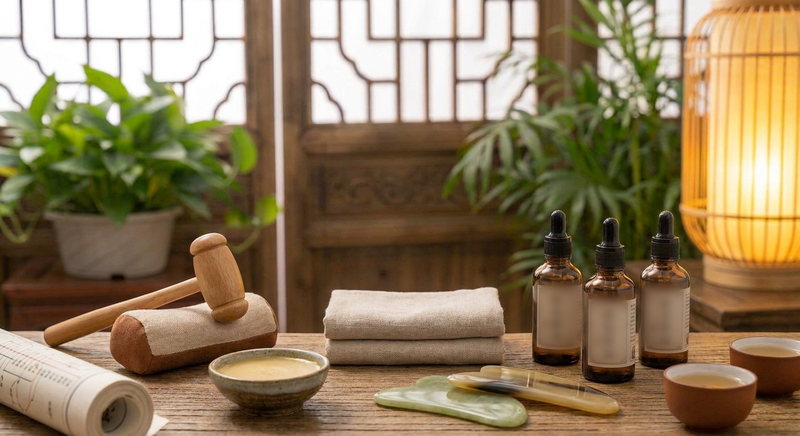 Illustration: Tui Na tools, linen towels and massage oils on a wooden table